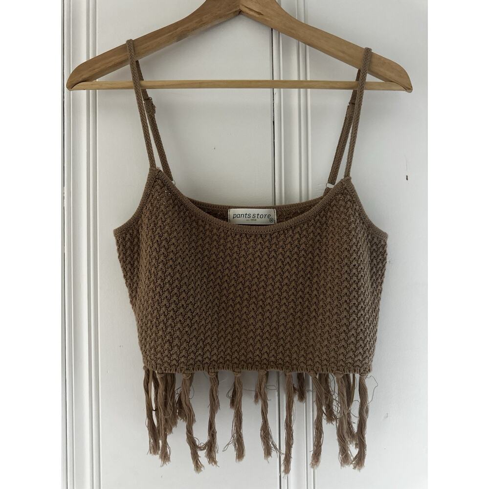 Crochet Fringe Crop Top Womens Medium Brown Boho Festival Western Cotton Tank‎